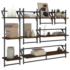 vidaXL 6 Piece Wall Shelf Set with Bars Brown Oak Engineered Wood