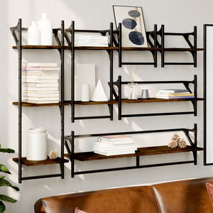 vidaXL 6 Piece Wall Shelf Set with Bars Brown Oak Engineered Wood