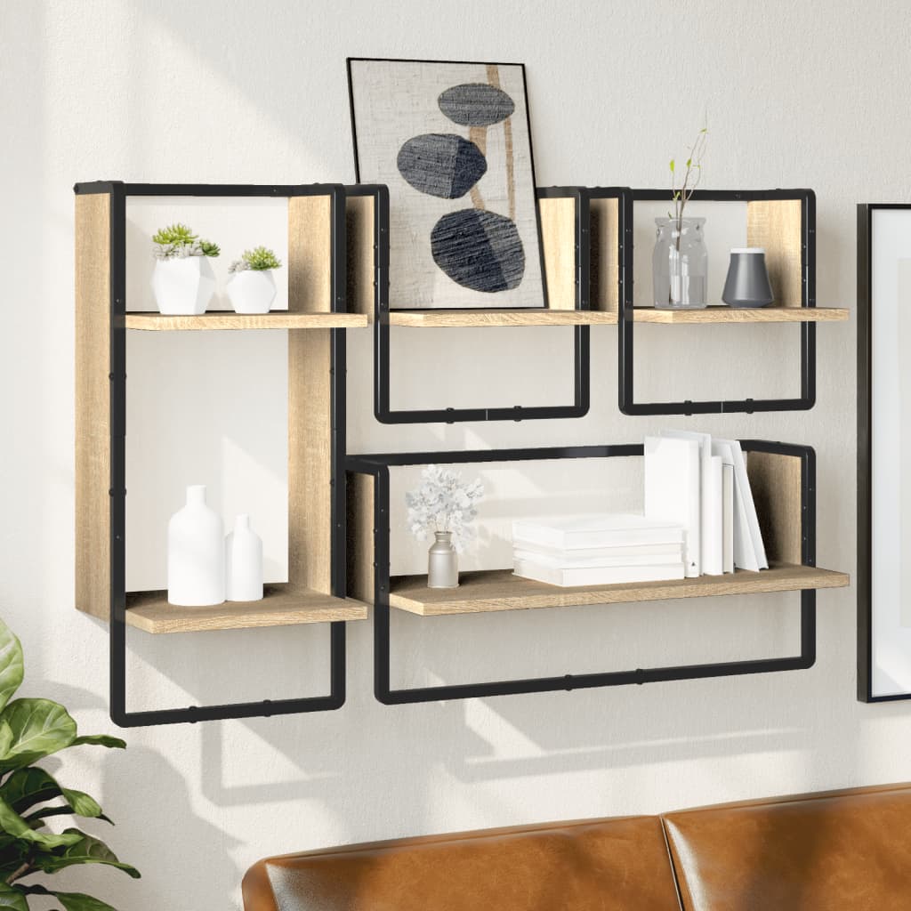 vidaXL 4 Piece Wall Shelf Set with Bars Sonoma Oak Engineered Wood