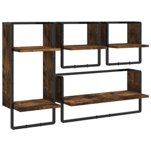 vidaXL 4 Piece Wall Shelf Set with Bars Smoked Oak Engineered Wood