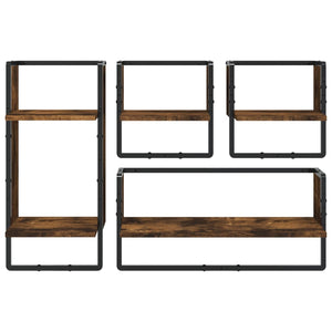 vidaXL 4 Piece Wall Shelf Set with Bars Smoked Oak Engineered Wood