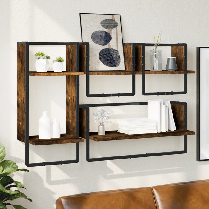 vidaXL 4 Piece Wall Shelf Set with Bars Smoked Oak Engineered Wood