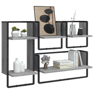 vidaXL 4 Piece Wall Shelf Set with Bars Grey Sonoma Engineered Wood