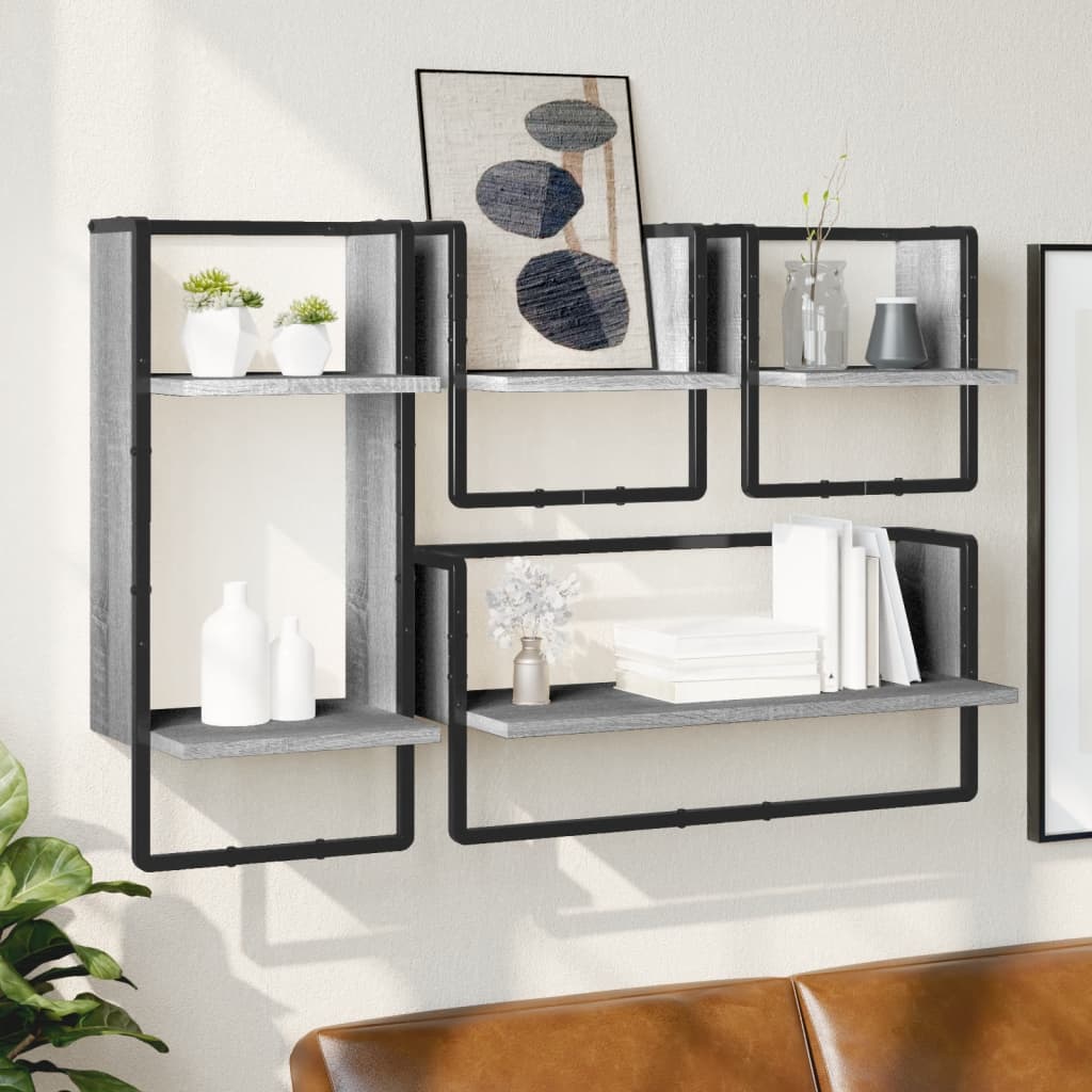 vidaXL 4 Piece Wall Shelf Set with Bars Grey Sonoma Engineered Wood