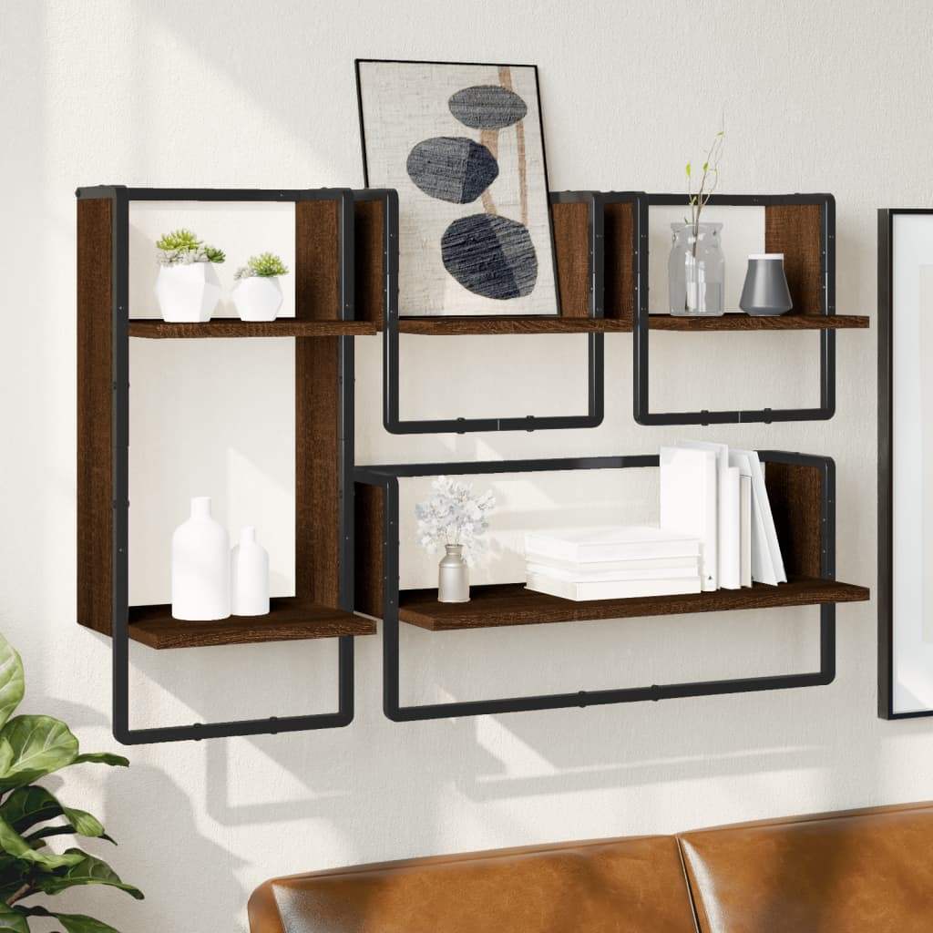 vidaXL 4 Piece Wall Shelf Set with Bars Brown Oak Engineered Wood