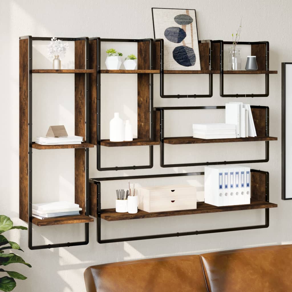 vidaXL 6 Piece Wall Shelf Set with Bars Smoked Oak Engineered Wood