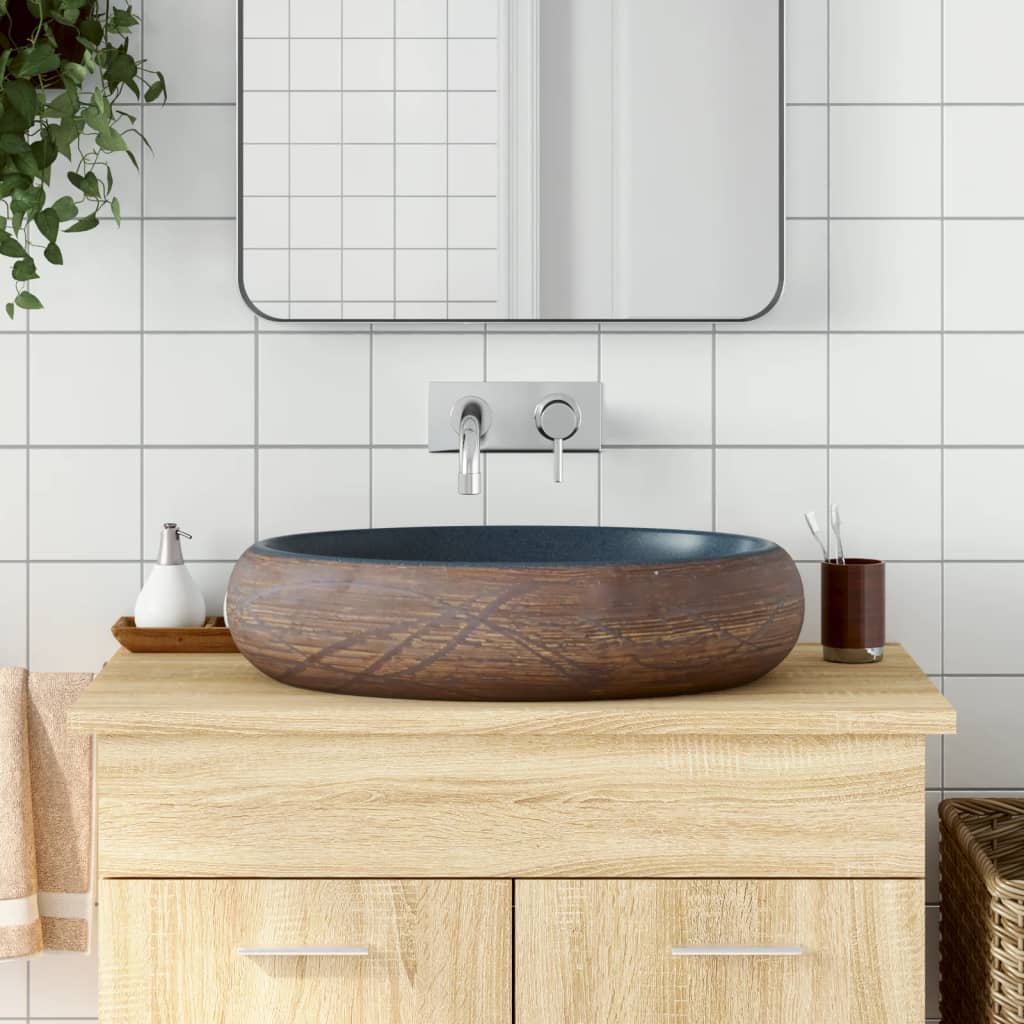 vidaXL Countertop Basin Brown and Blue Oval 59x40x15 cm Ceramic