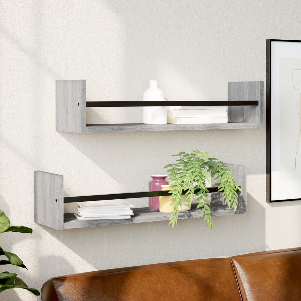 vidaXL Wall Shelves with Bars 2 pcs Grey Sonoma 60x16x14 cm