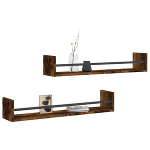 vidaXL Wall Shelves with Bars 2 pcs Smoked Oak 80x16x14 cm