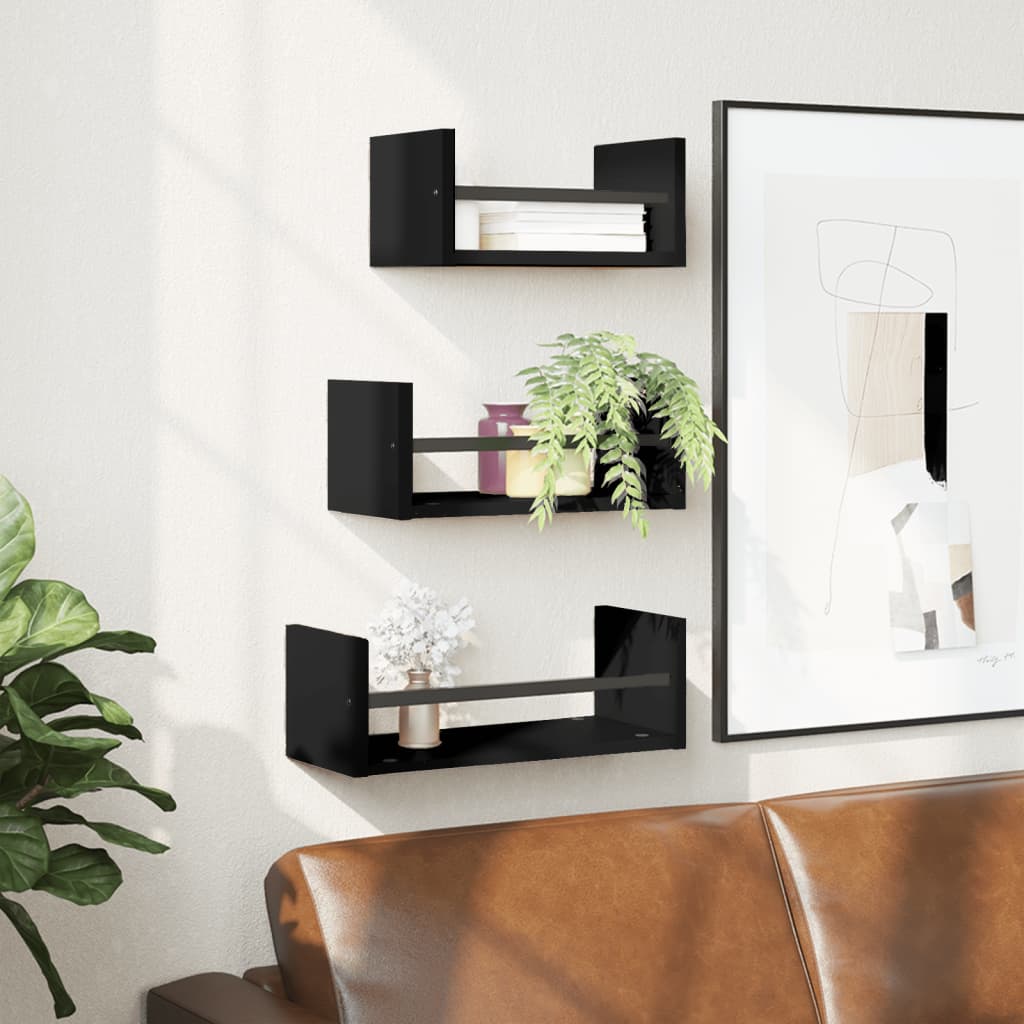 vidaXL 3 Piece Wall Shelf Set with Bars Black Engineered wood