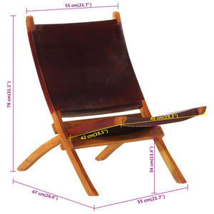 vidaXL Folding Relaxing Chair Dark Brown Real Leather