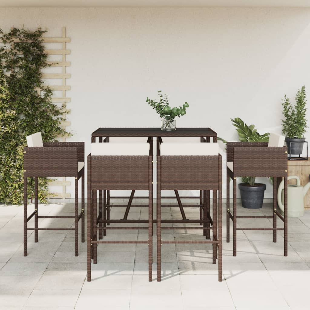 vidaXL 7 Piece Garden Bar Set with Cushions Brown Poly Rattan