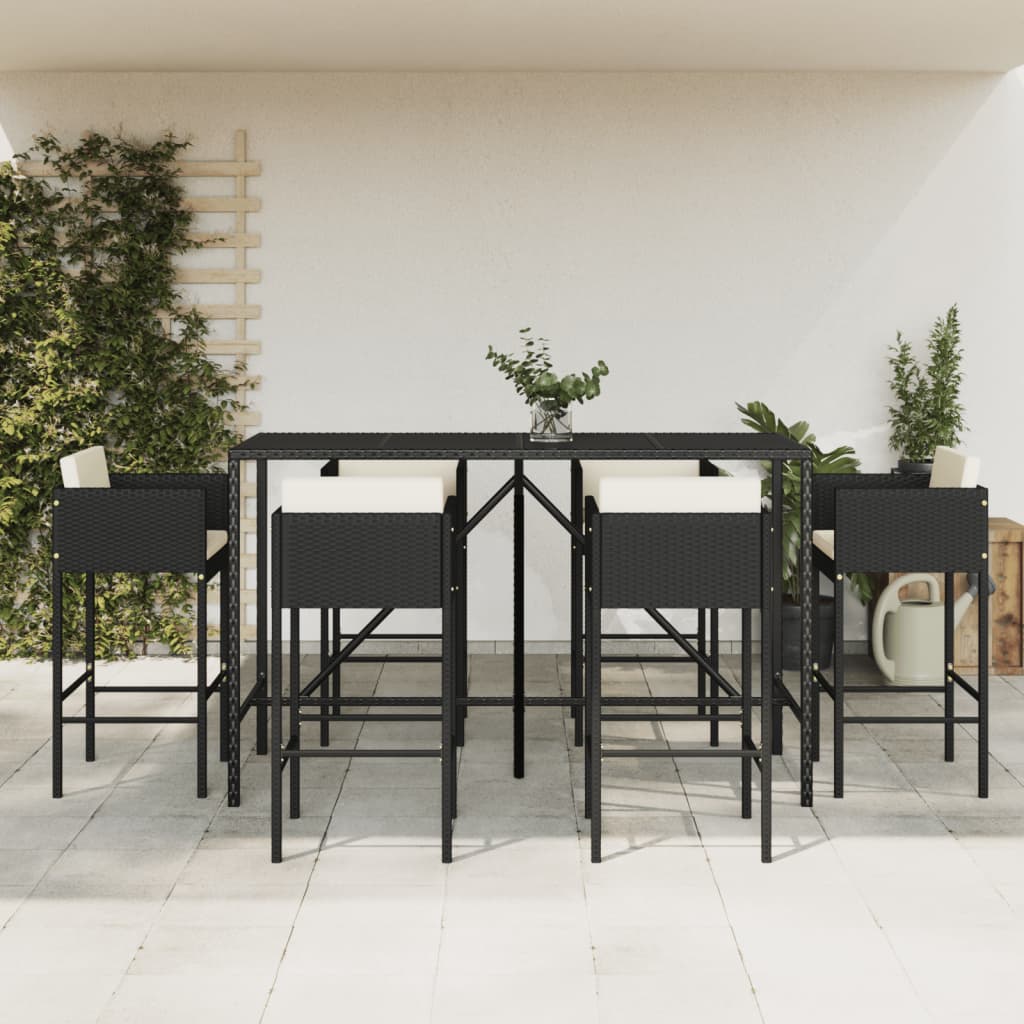 vidaXL 7 Piece Garden Bar Set with Cushions Black Poly Rattan