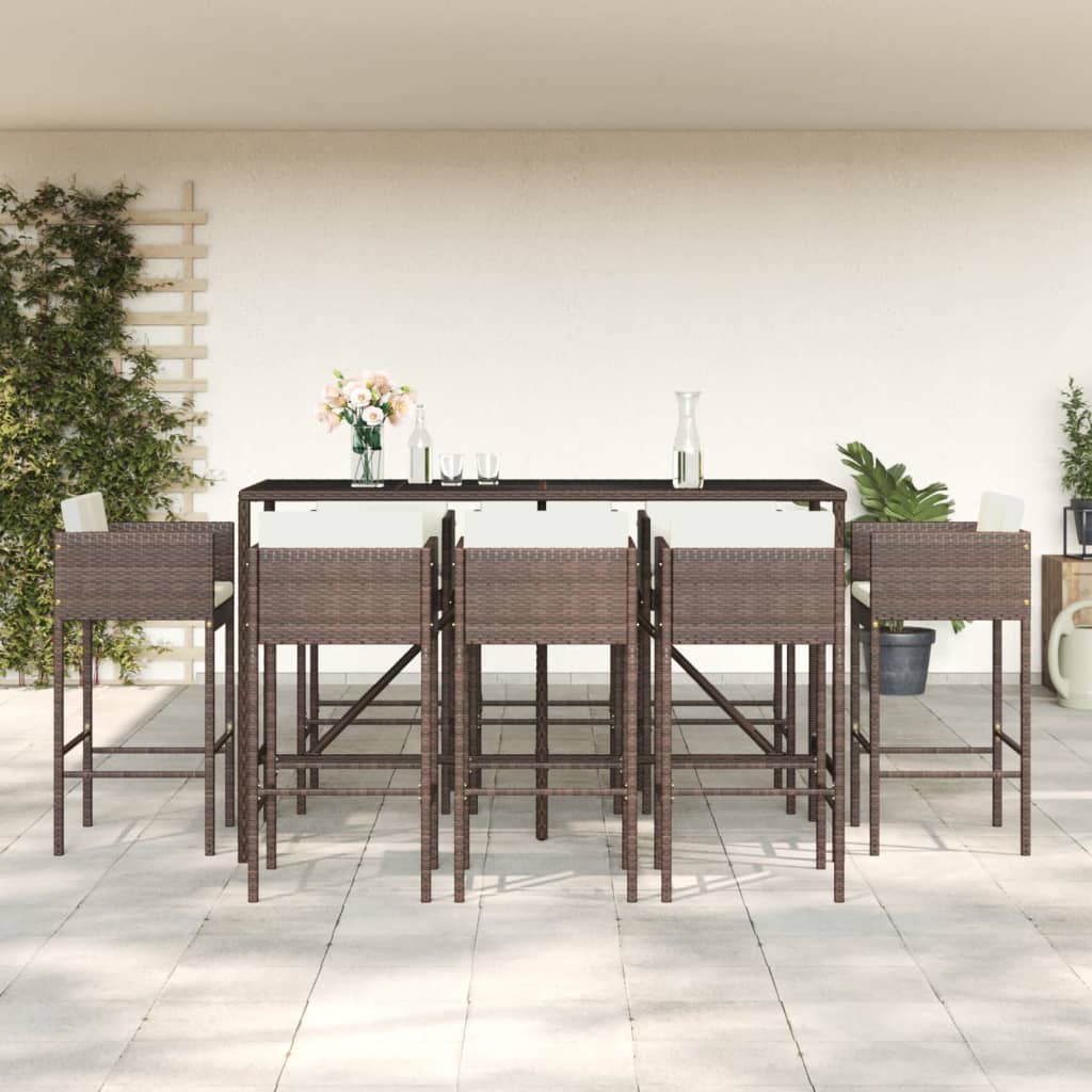 vidaXL 9 Piece Garden Bar Set with Cushions Brown Poly Rattan