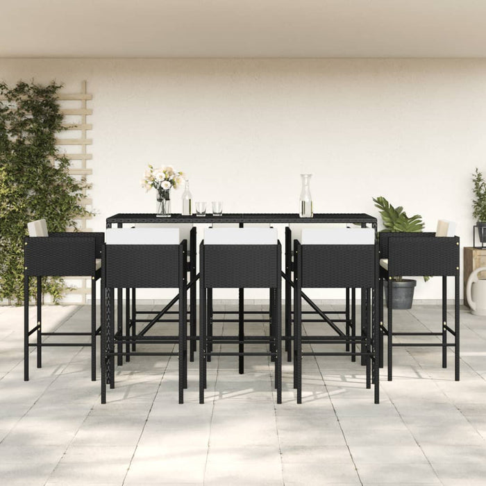 vidaXL 9 Piece Garden Bar Set with Cushions Black Poly Rattan