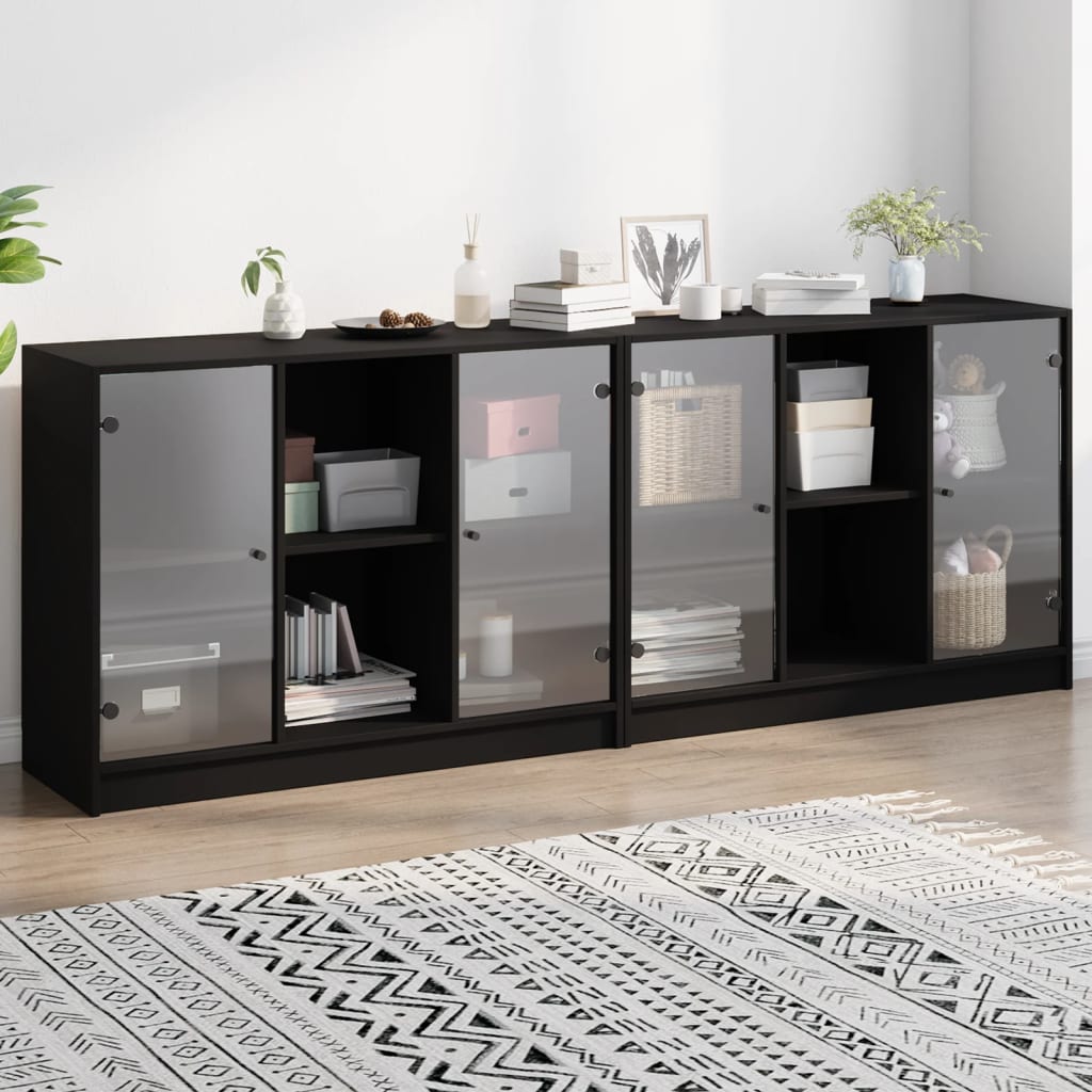 vidaXL Bookcase with Doors Black 204x37x75 cm Engineered Wood