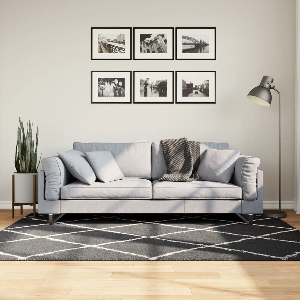 vidaXL Shaggy Rug PAMPLONA High Pile Modern Black and Cream 140x200 cm