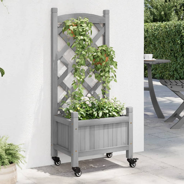 vidaXL Planter with Trellis and Wheels Grey Solid Wood Fir