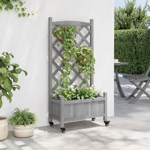 vidaXL Planter with Trellis and Wheels Grey Solid Wood Fir