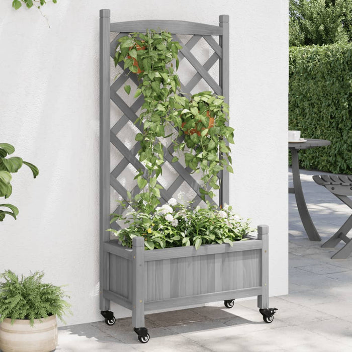 vidaXL Planter with Trellis and Wheels Grey Solid Wood Fir