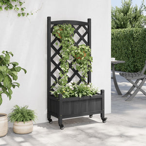 vidaXL Planter with Trellis and Wheels Black Solid Wood Fir