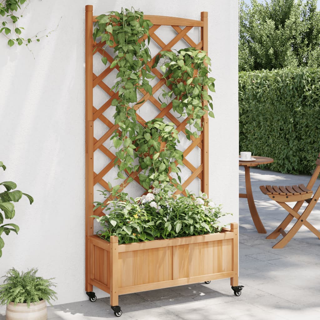 vidaXL Planter with Trellis and Wheels Brown Solid Wood Fir