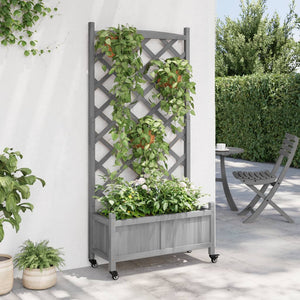 vidaXL Planter with Trellis and Wheels Grey Solid Wood Fir