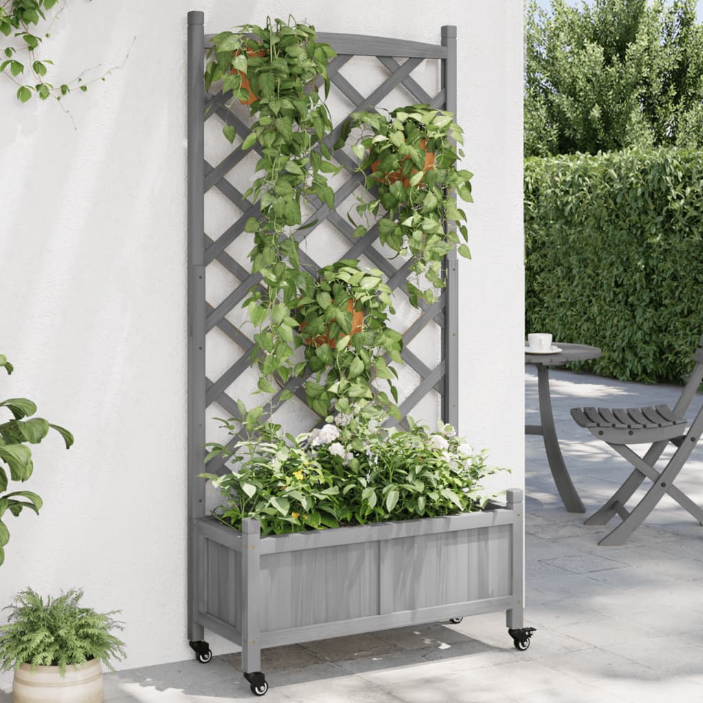 vidaXL Planter with Trellis and Wheels Grey Solid Wood Fir