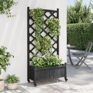 vidaXL Planter with Trellis and Wheels Black Solid Wood Fir