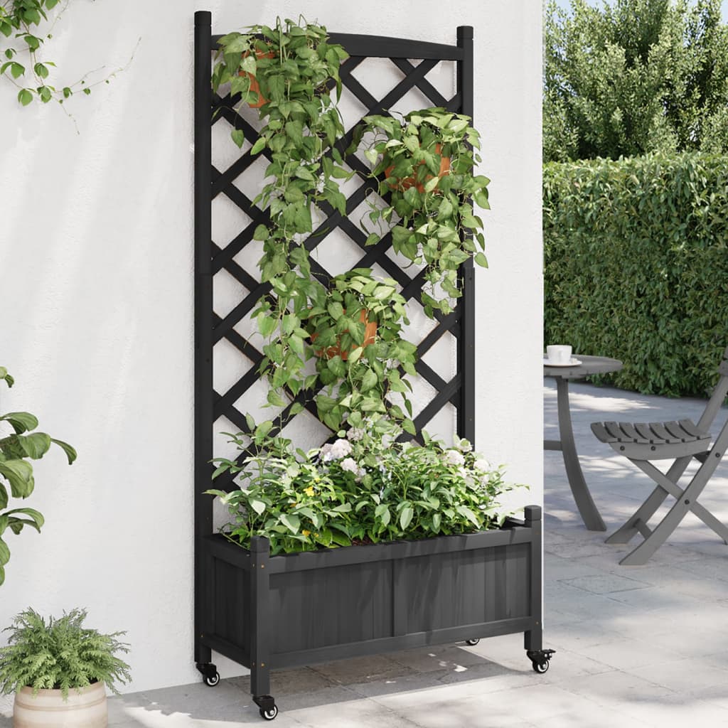 vidaXL Planter with Trellis and Wheels Black Solid Wood Fir