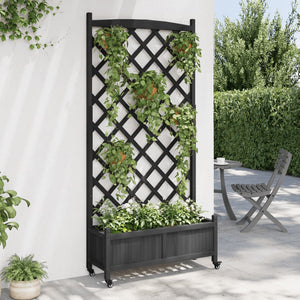 vidaXL Planter with Trellis and Wheels Black Solid Wood Fir