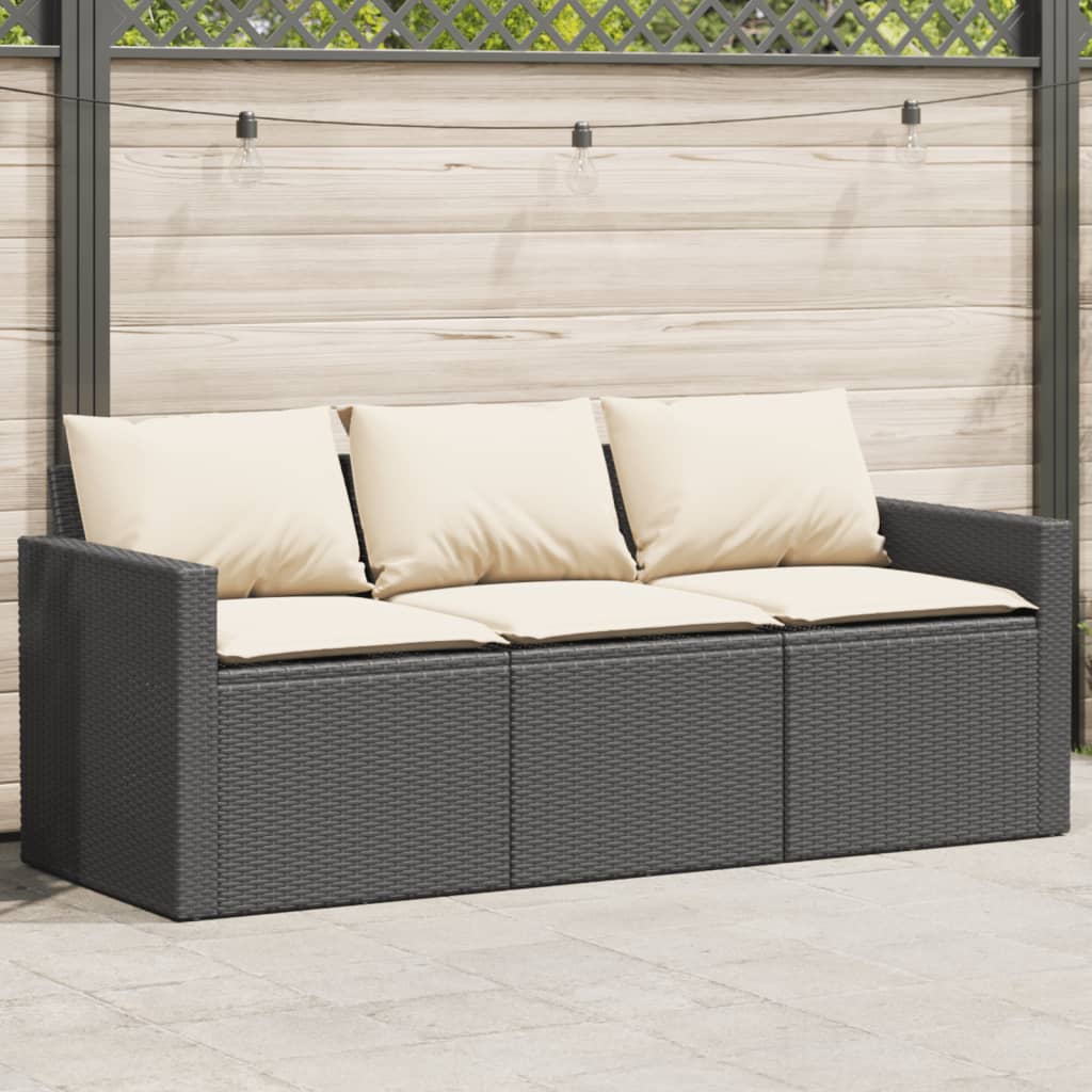 vidaXL Garden Sofa with Cushions 3-Seater Black Poly Rattan