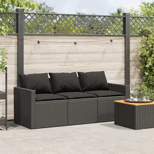 vidaXL Garden Sofa with Cushions 3-Seater Black Poly Rattan