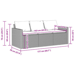 vidaXL Garden Sofa with Cushions 3-Seater Black Poly Rattan