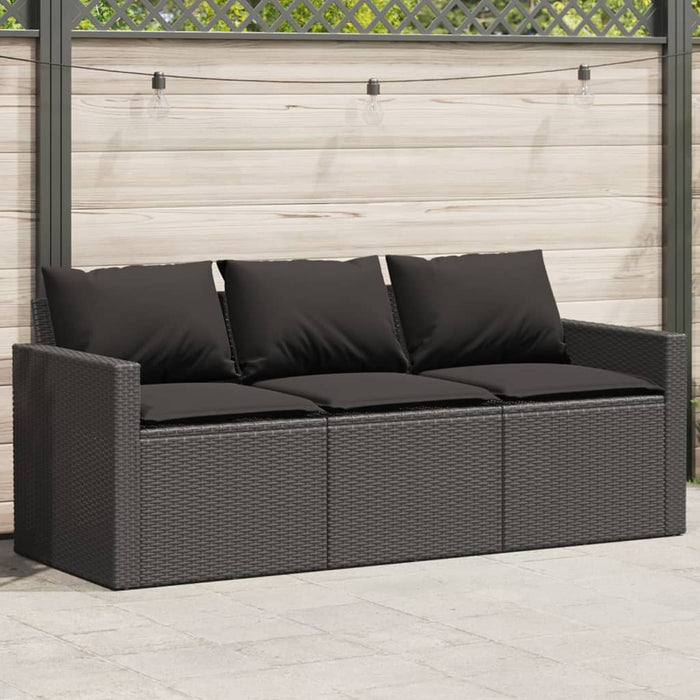 vidaXL Garden Sofa with Cushions 3-Seater Black Poly Rattan