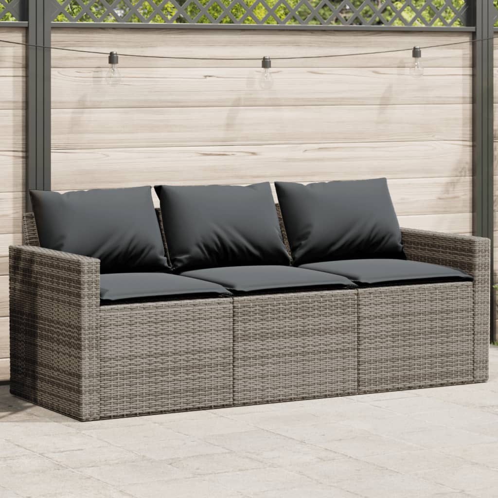 vidaXL Garden Sofa with Cushions 3-Seater Grey Poly Rattan