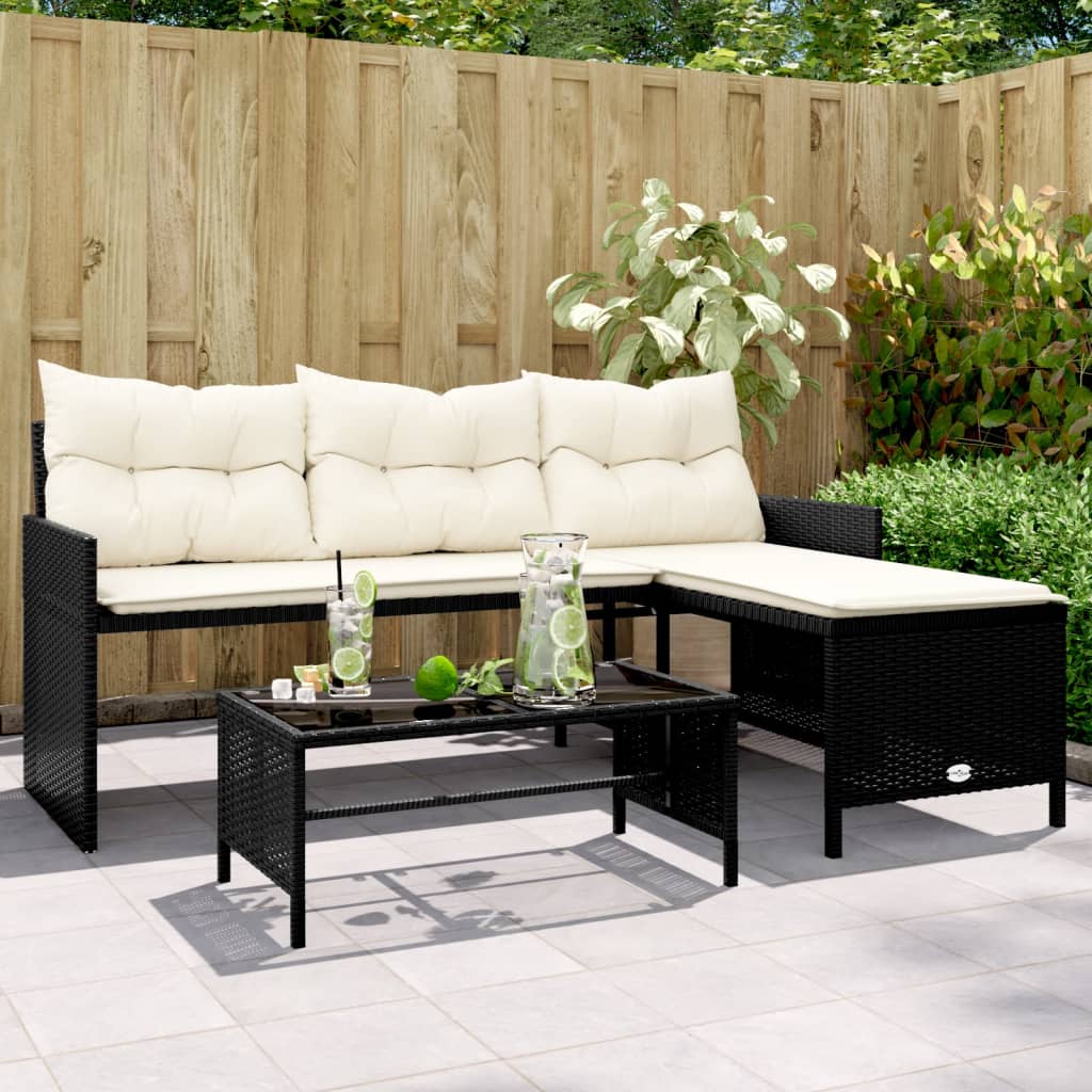 vidaXL Garden Sofa with Table and Cushions L-Shaped Black Poly Rattan