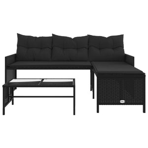 vidaXL Garden Sofa with Table and Cushions L-Shaped Black Poly Rattan