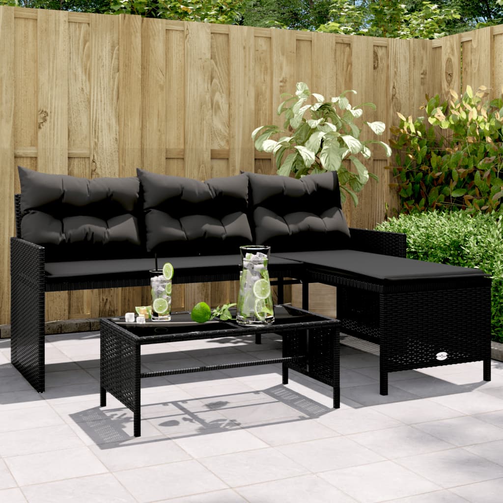 vidaXL Garden Sofa with Table and Cushions L-Shaped Black Poly Rattan