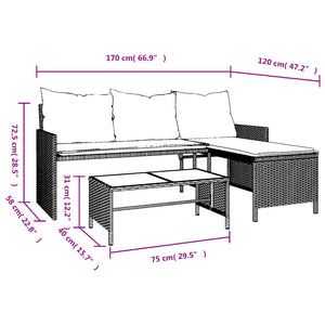 vidaXL Garden Sofa with Table and Cushions L-Shaped Grey Poly Rattan