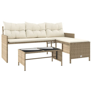 vidaXL Garden Sofa with Table and Cushions L-Shaped Beige Poly Rattan