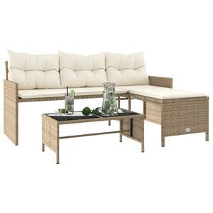 vidaXL Garden Sofa with Table and Cushions L-Shaped Beige Poly Rattan