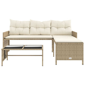 vidaXL Garden Sofa with Table and Cushions L-Shaped Beige Poly Rattan