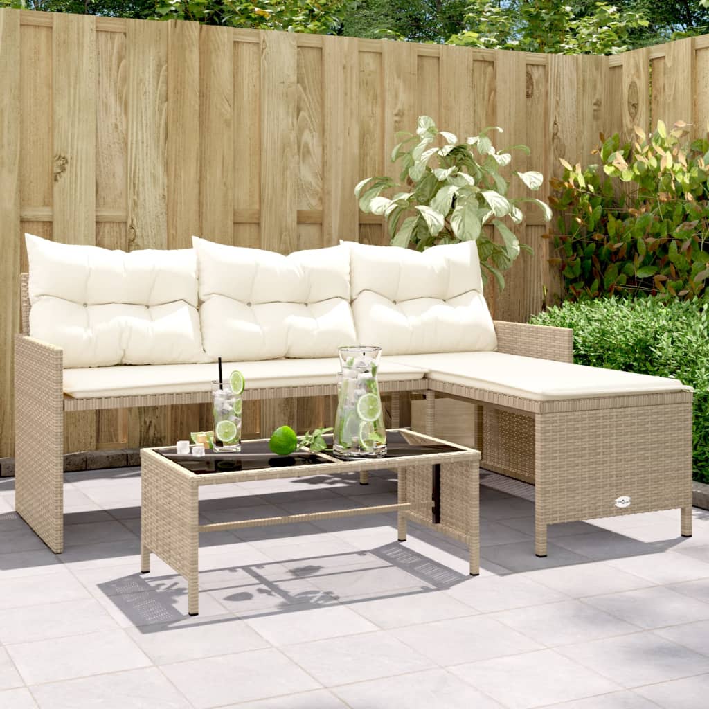 vidaXL Garden Sofa with Table and Cushions L-Shaped Beige Poly Rattan