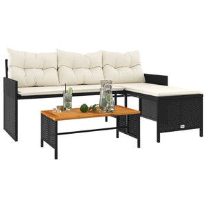 vidaXL Garden Sofa with Table and Cushions L-Shaped Black Poly Rattan