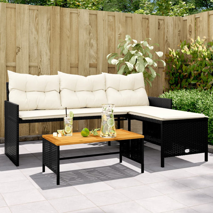 vidaXL Garden Sofa with Table and Cushions L-Shaped Black Poly Rattan