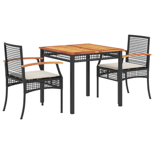 vidaXL 3 Piece Garden Dining Set with Cushions Black Poly Rattan