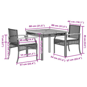 vidaXL 3 Piece Garden Dining Set with Cushions Black Poly Rattan