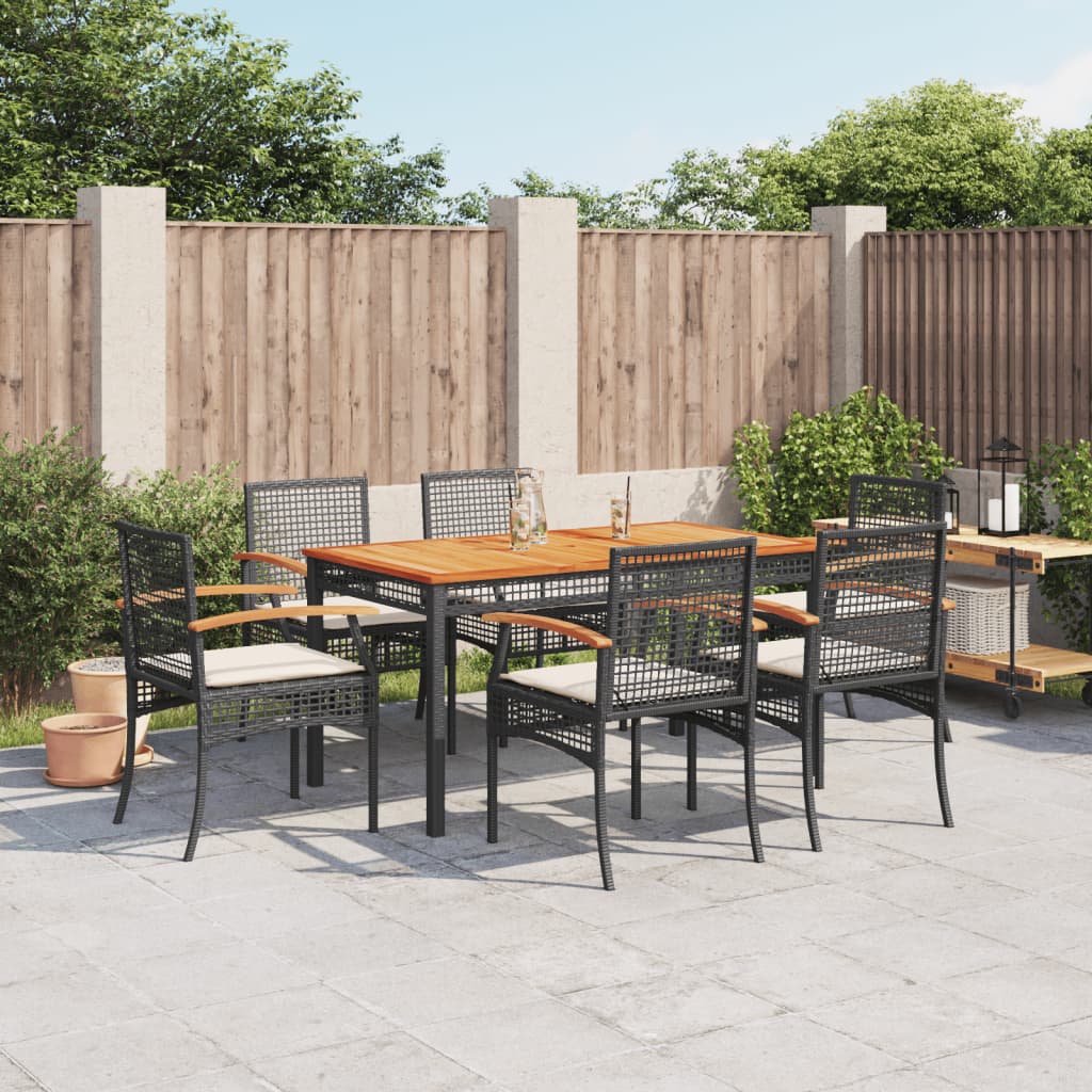 vidaXL 7 Piece Garden Dining Set with Cushions Black Poly Rattan