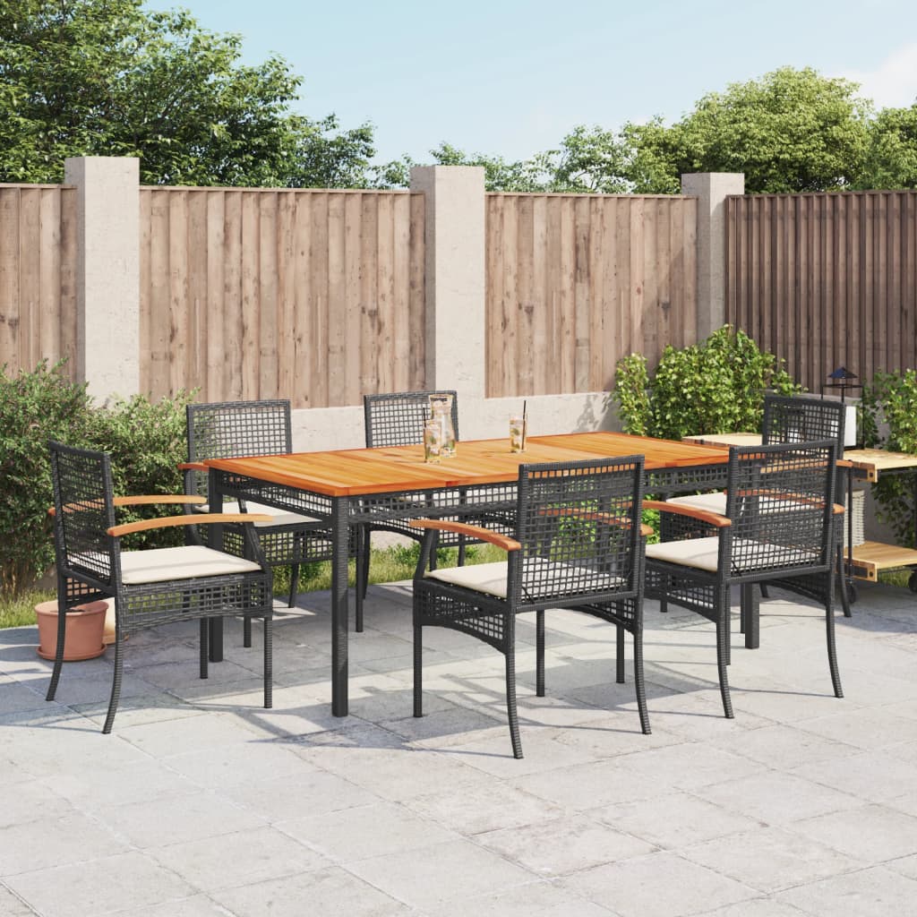 vidaXL 7 Piece Garden Dining Set with Cushions Black Poly Rattan